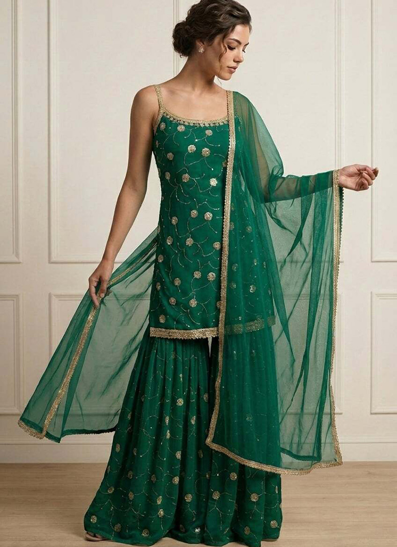Regal Green Faux Georgette Embroidered Sharara Suit Festive Wear