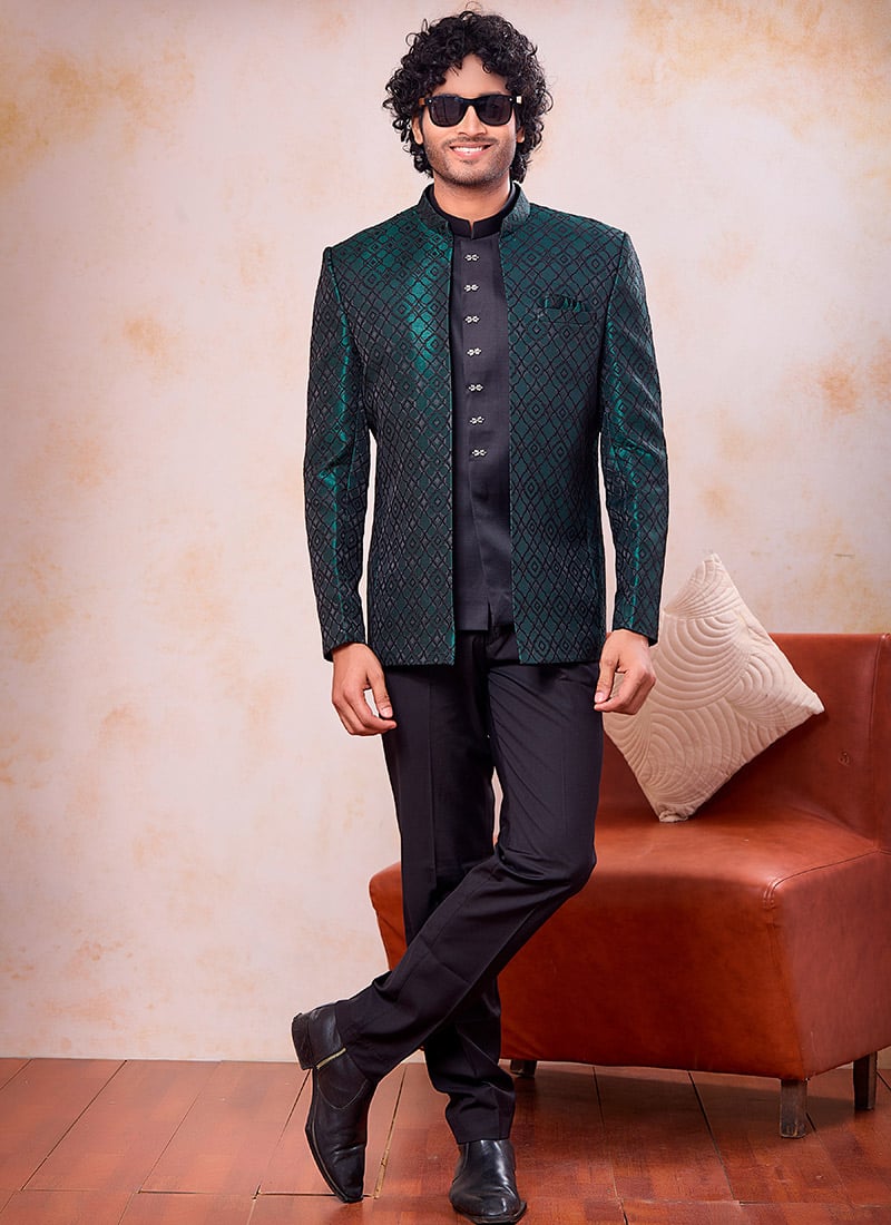 Regal Green Jacquard Silk Bandhgala Jacket