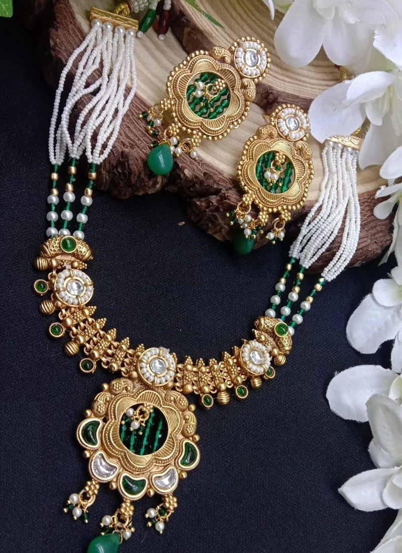 Regal Green Kundan Beads Pearl Necklace Set Wedding Wear