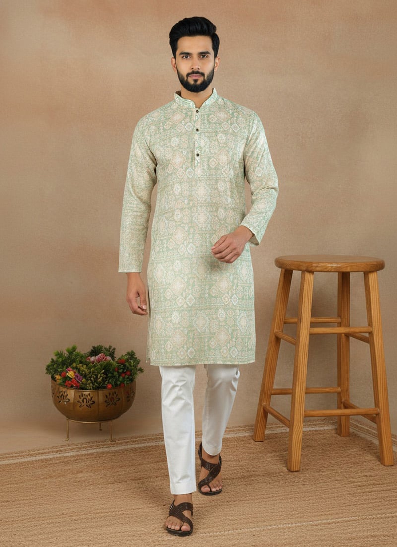 Regal Green Linen Printed Kurta Pyjama Festive Wear