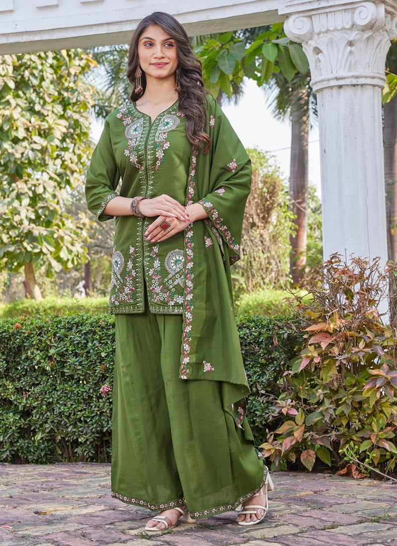 Regal Green Silk Embroidered Palazzo Suit After Six Wear