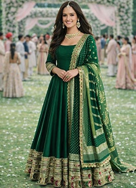 Regal Green Silk Embroidered Sequins Zari Jacquard Anarkali Suit