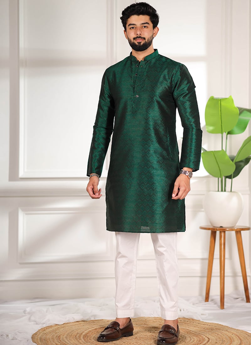 Regal Green Silk Woven Designer Kurta Pyjama Festive Wear