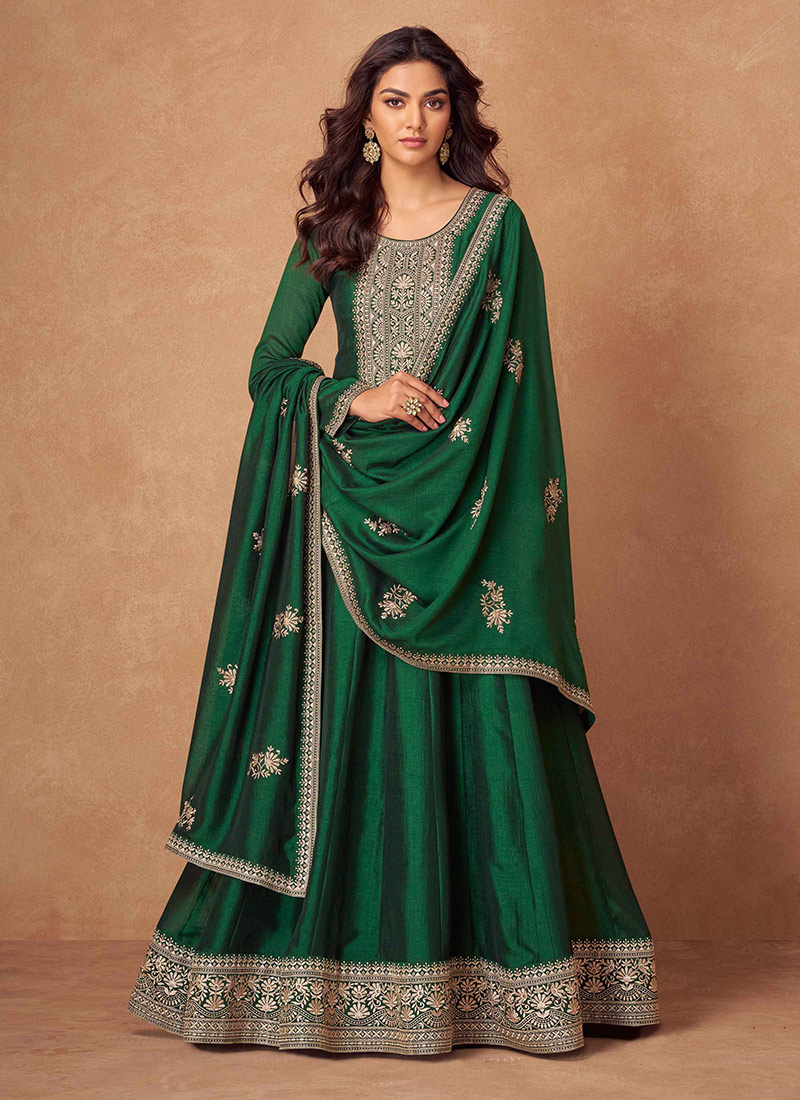 Regal Green Silk Zari Embroidered Sequins A Line Anarkali Suit Festive Wear