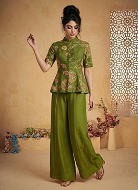 Regal Green Silk Zari Resham Embroidered Indowestern Set And Suit