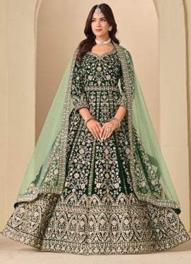 Regal Green Velvet Zari Embroidered Sequins Anarkali Suit