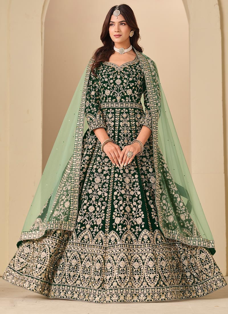 Regal Green Velvet Zari Embroidered Sequins Anarkali Suit Wedding Wear