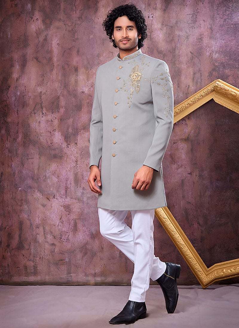 Regal Grey Beads Stone Zardosi Hand Work Indowestern Sherwani Wedding Wear