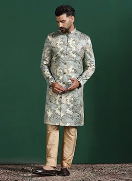 Regal Grey Cotton Paisley Indowestern Sherwani Set