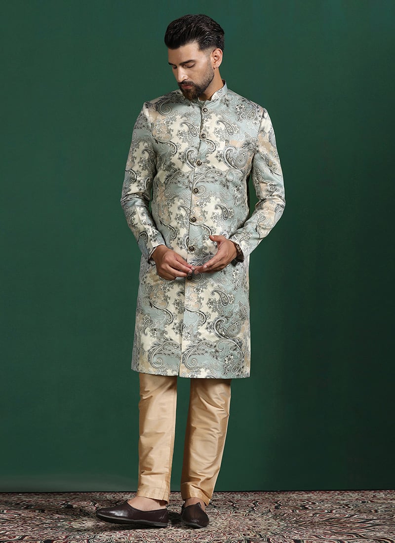 Regal Grey Cotton Paisley Indowestern Sherwani Set  Wedding Wear