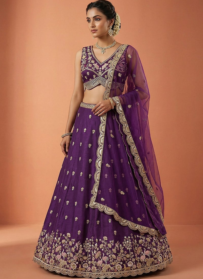 Regal Magenta Chinnon Silk Embroidered Umbrella Lehenga Wedding Wear