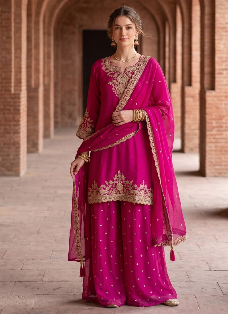 Regal Magenta Pink Silk Blend Embroidered Sequins Stones Zari Palazzo Suit Festive Wear