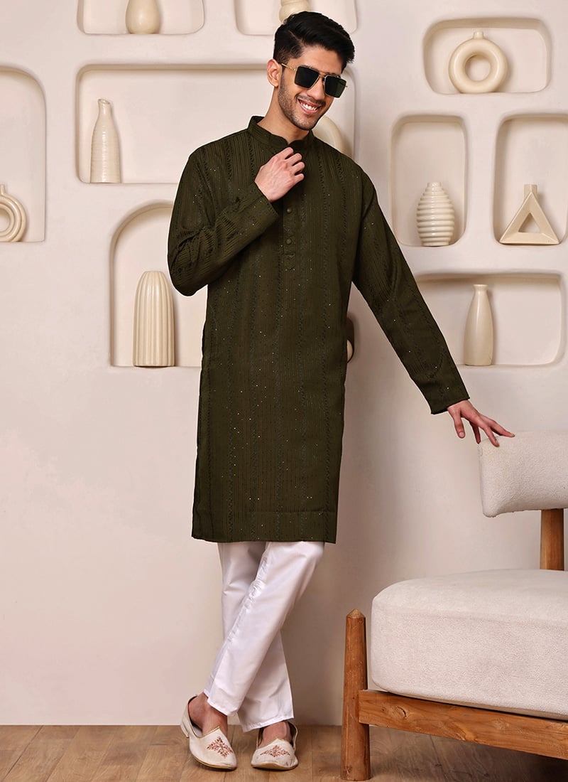 Regal Mahendi Green Blended Cotton Sequins Embroidered Kurta Pyjama Festive Wear