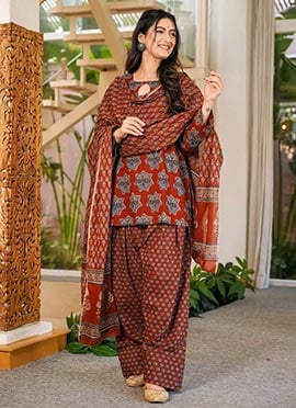 Regal Maroon Cambric Cotton Digital Print Farshi Salwar Suit