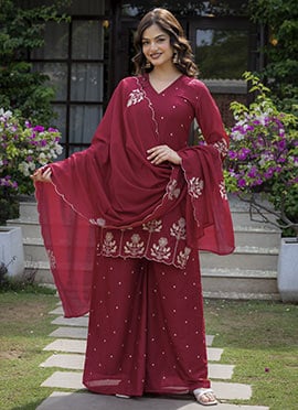 Regal Maroon Chinon Embroidered Palazzo Suit