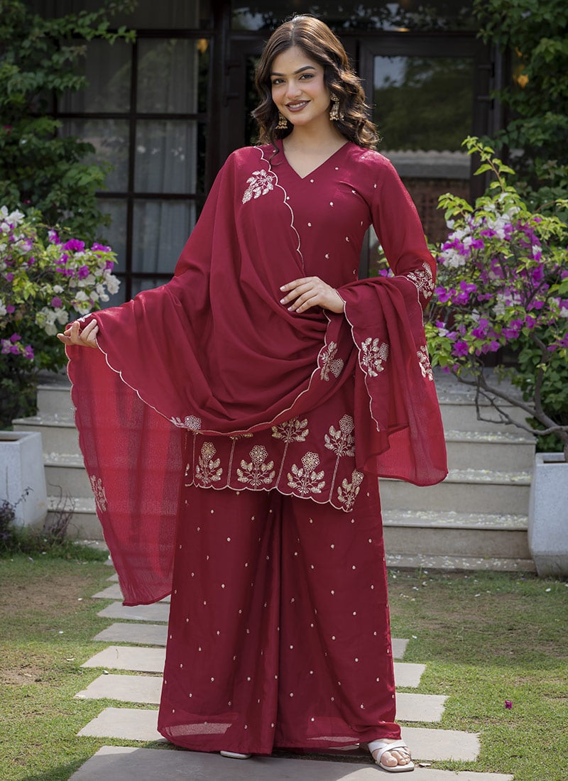 Regal Maroon Chinon Embroidered Palazzo Suit Festive Wear