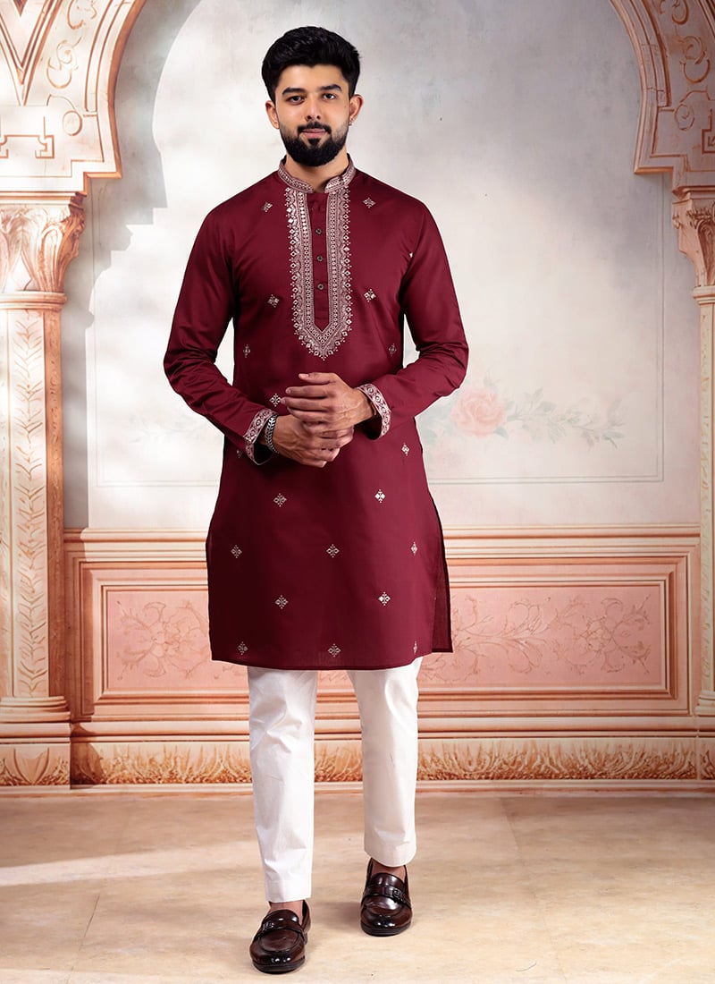Regal Maroon Cotton Embroidered Kurta Pyjama Festive Wear