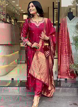 Regal Maroon Cotton Embroidered Straight Pant Suit