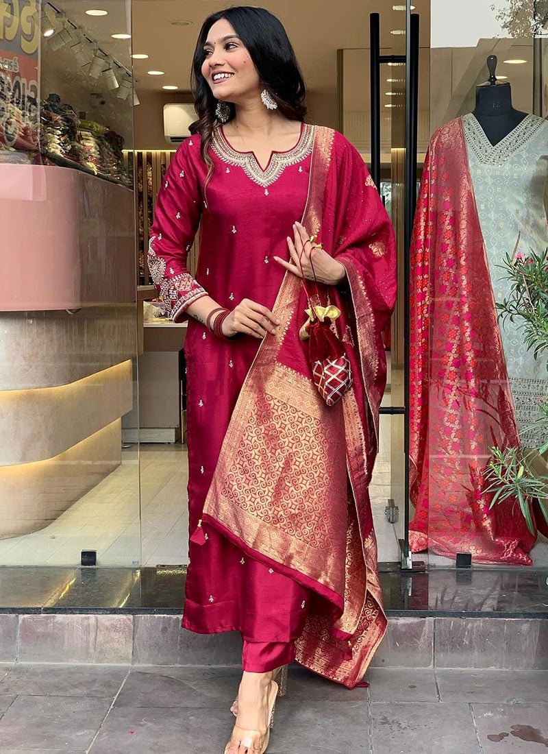 Regal Maroon Cotton Embroidered Straight Pant Suit Festive Wear