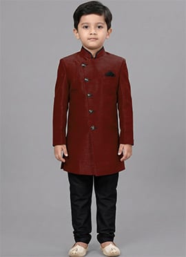 Regal Maroon Dupion Silk Kids Boys Indowestern Sherwani