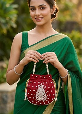 Regal Maroon Embroidered Potli Bag With Pearl Bead Work