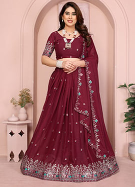 Regal Maroon Georgette Embroidered Umbrella Lehenga