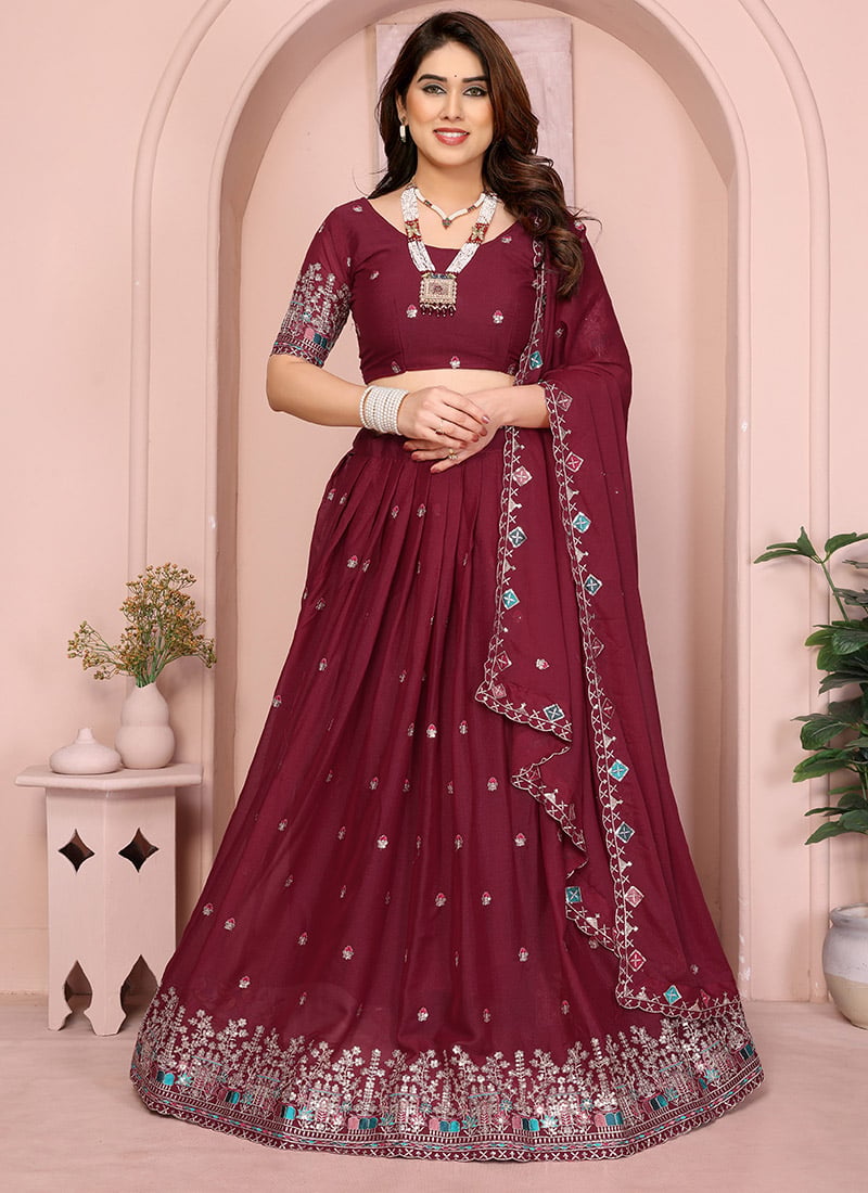 Regal Maroon Georgette Embroidered Umbrella Lehenga Festive Wear