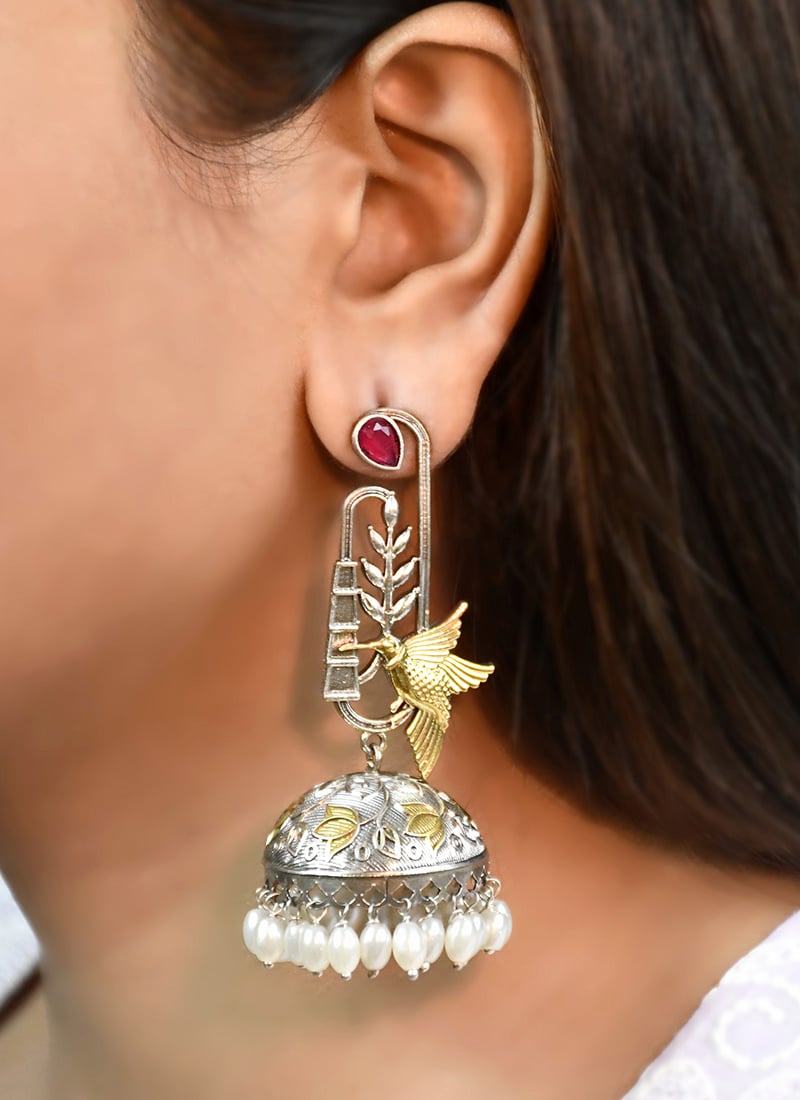 Regal Maroon Kundan Beads Oxidised Jhumka Festive Wear