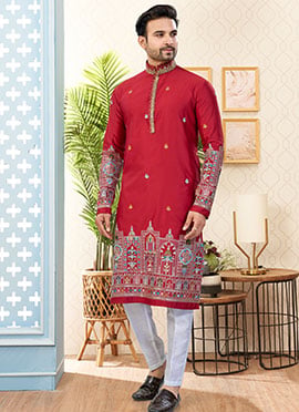 Regal Maroon Malai Silk Embroidered Kurta Pyjama