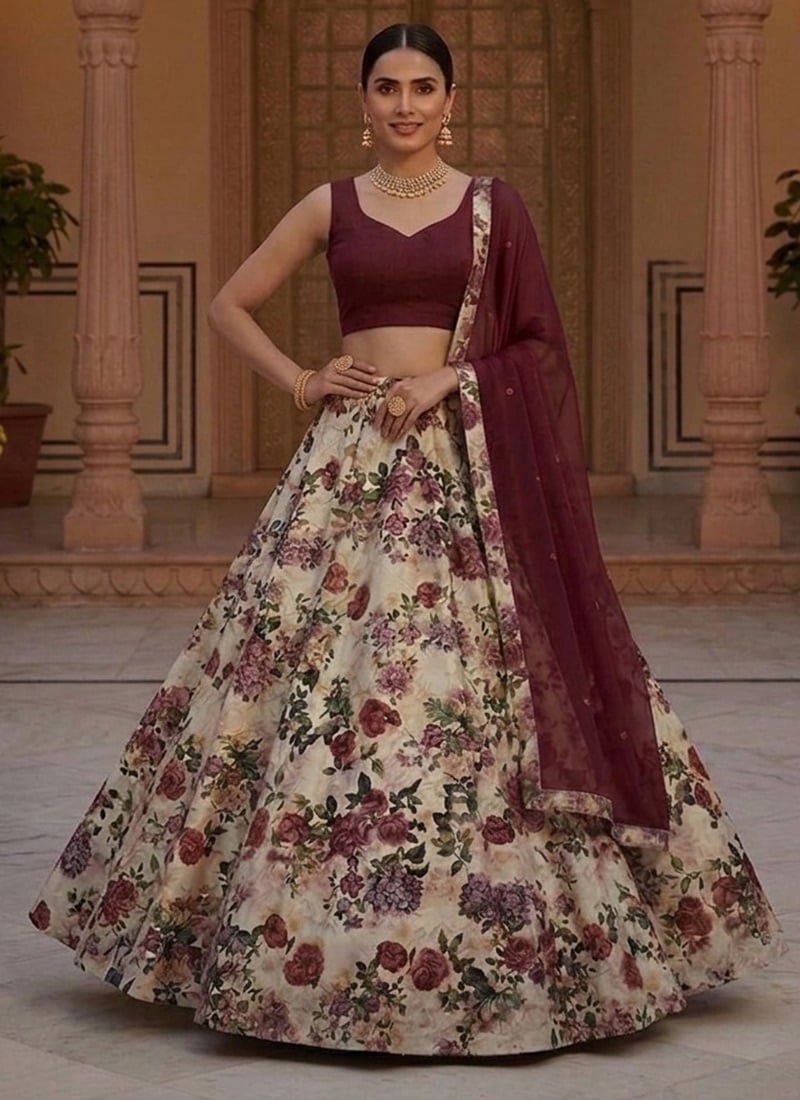 Regal Maroon Printed Taffeta Umbrella Lehenga Festive Wear