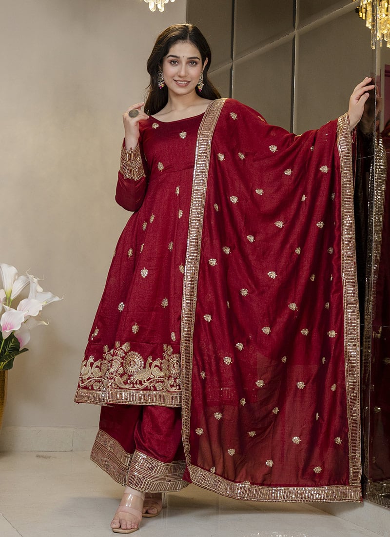 Regal Maroon Silk Embroidered Sequins Anarkali Suit After Six Wear