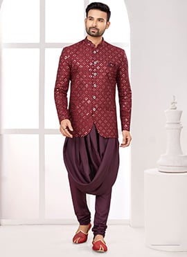 Regal Maroon Silk Embroidered Sequins Thread Indowestern Sherwani