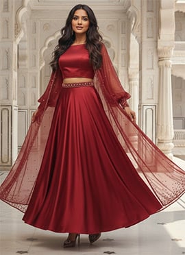 Regal Maroon Silk Stone Adorned Indowestern Suit