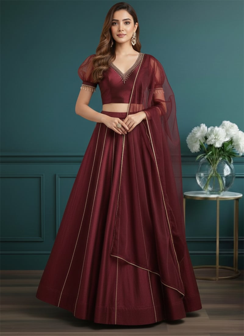 Regal Maroon Silk Zari Beads Sequins Hand Embroidered A Line Lehenga Wedding Wear