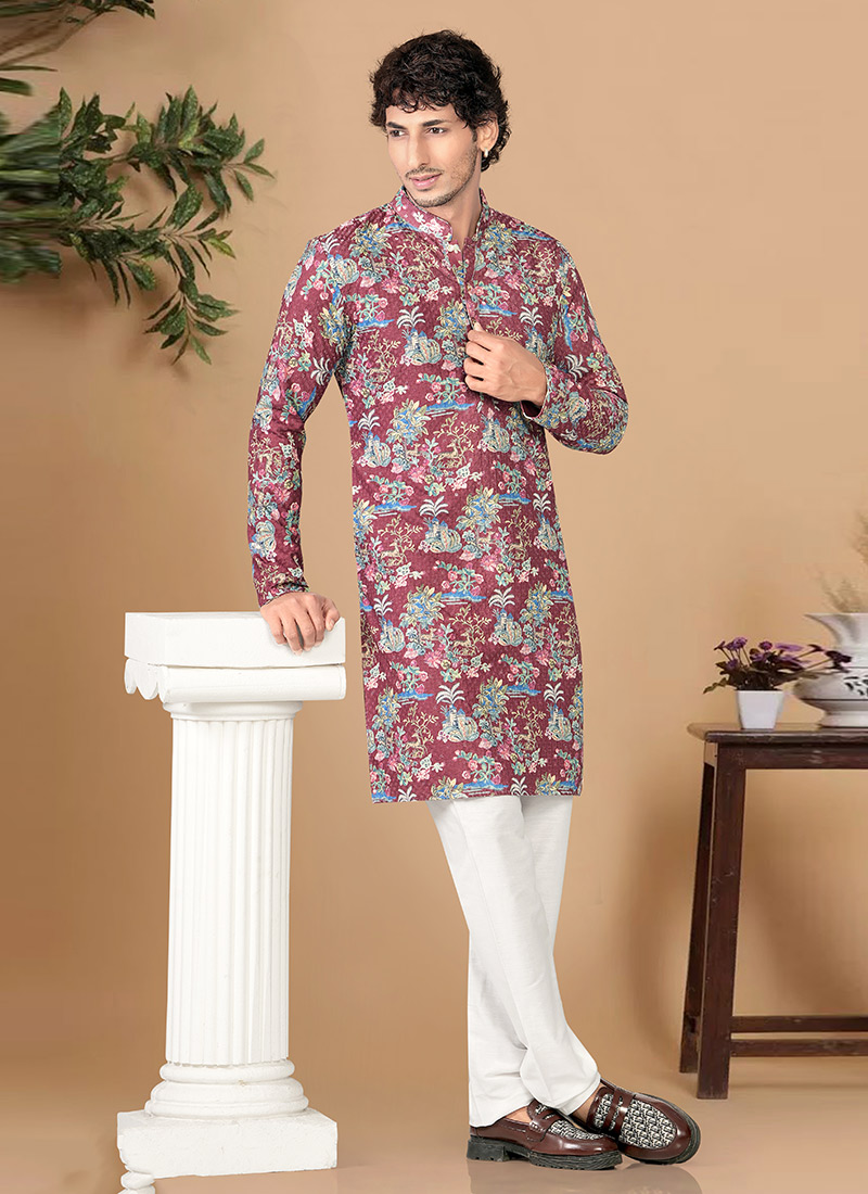 Regal Maroon Soft Cotton Sequins Embroidered Printed Kurta Pyjama Festive Wear