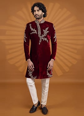 Regal Maroon Velvet Embroidered Classic Sherwani