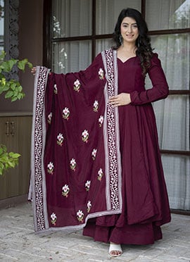 Regal Maroon Vichitra Silk Embroidered Sequins Anarkali Suit