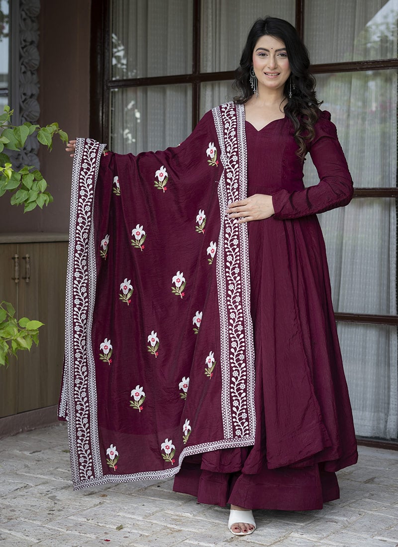 Regal Maroon Vichitra Silk Embroidered Sequins Anarkali Suit Festive Wear