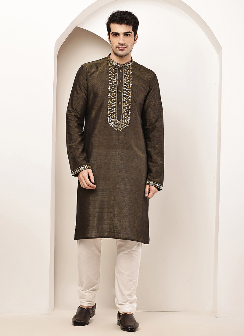 Regal Moss Green Viscose Silk Zari Kurta Pyjama Festive Wear