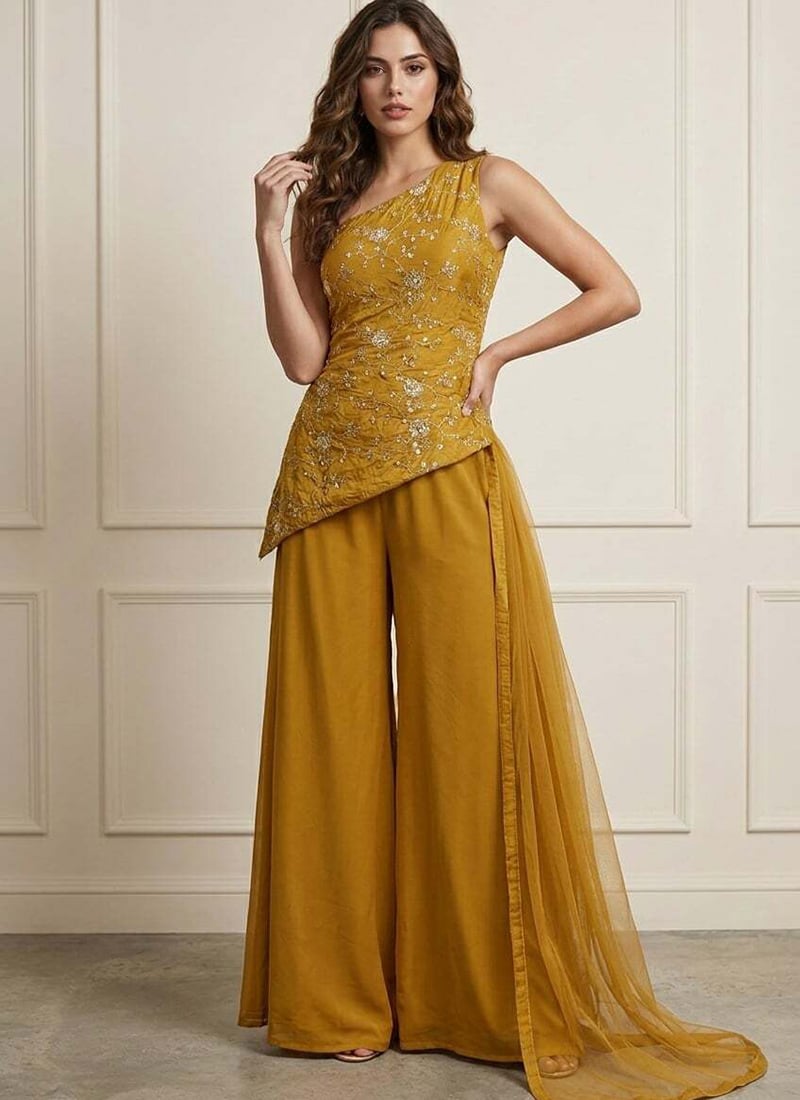 Regal Mustard Art Silk Embroidered Palazzo Suit Festive Wear