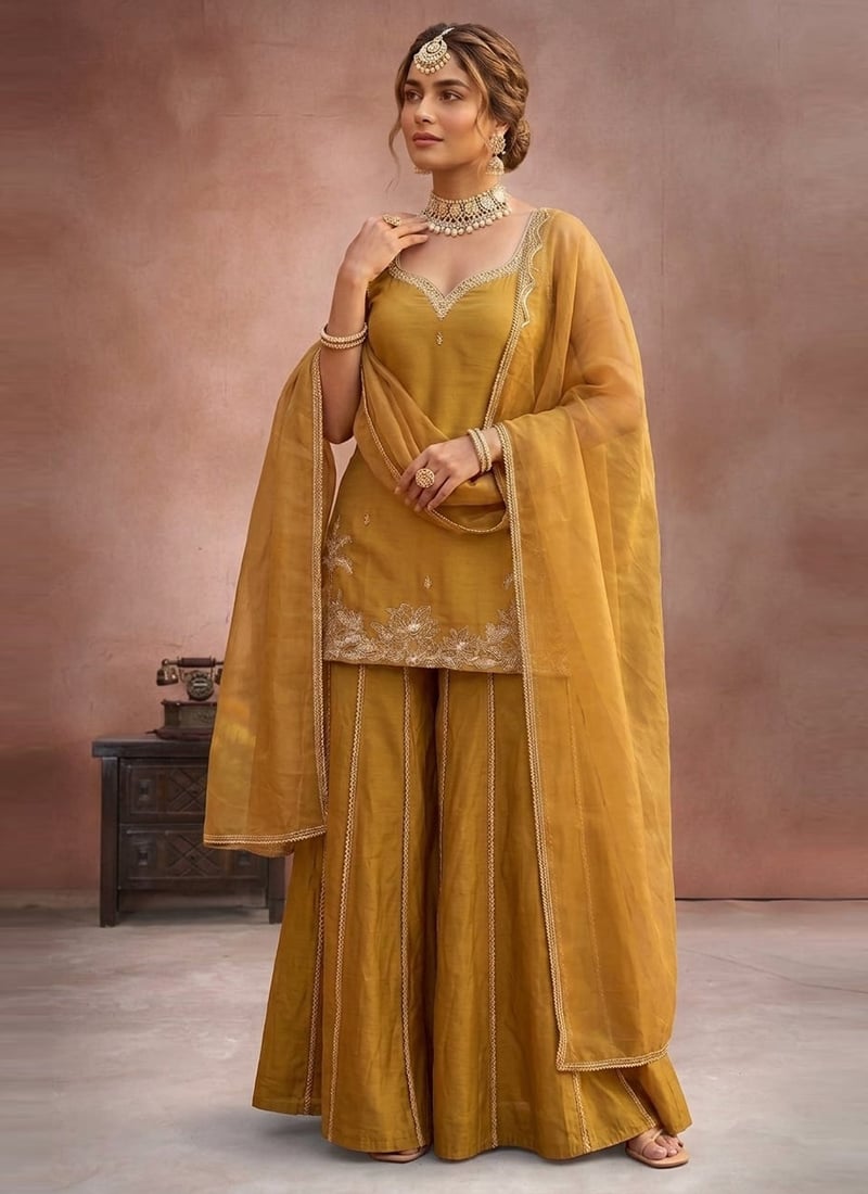 Regal Mustard Art Silk Zari Sequins Palazzo Suit Festive Wear