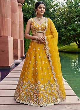 Regal Mustard Tissue Embroidered Umbrella Lehenga