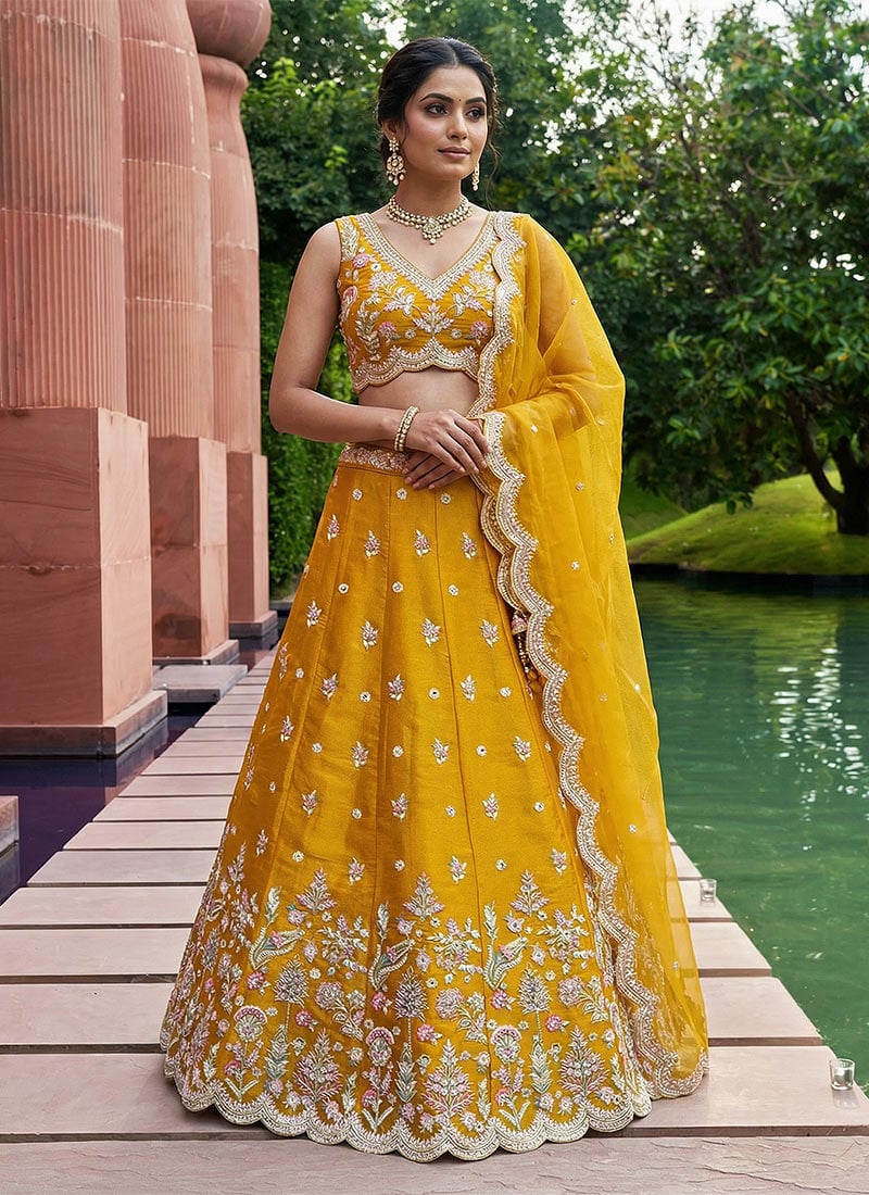 Regal Mustard Tissue Embroidered Umbrella Lehenga Wedding Wear