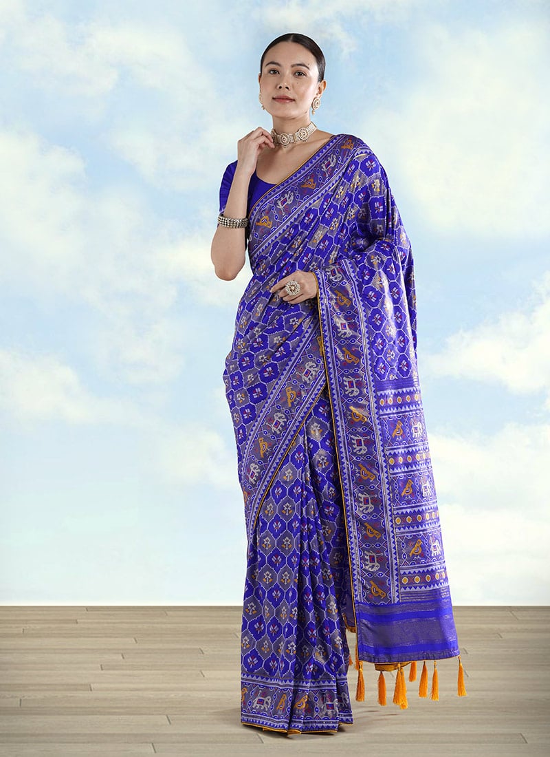 Regal Navy Blue Banarasi Satin Silk Patola Zari Woven Saree Festive Wear