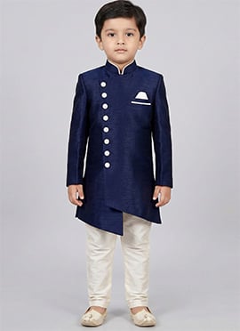Regal Navy Blue Dupion Silk Kids Boys Indowestern Sherwani