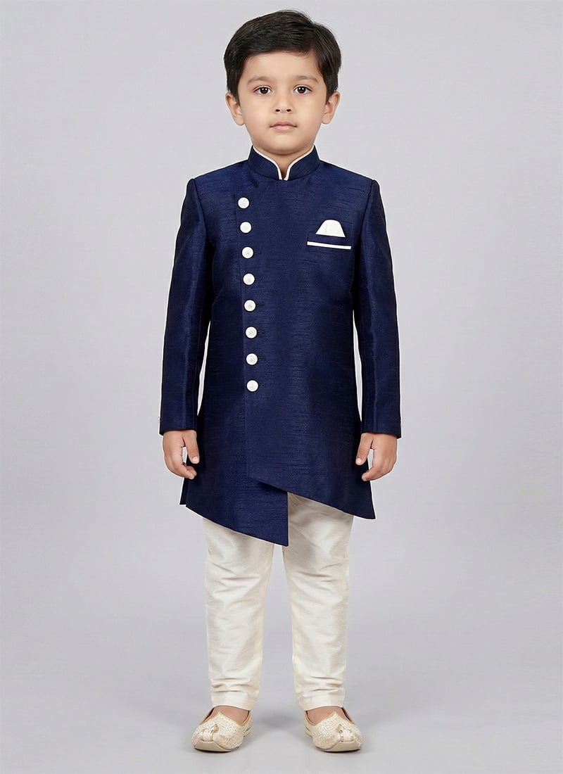 Regal Navy Blue Dupion Silk Kids Boys Indowestern Sherwani Festive Wear