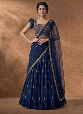Regal Navy Blue Faux Georgette Beads Zari Hand Embroidered A Line Lehenga