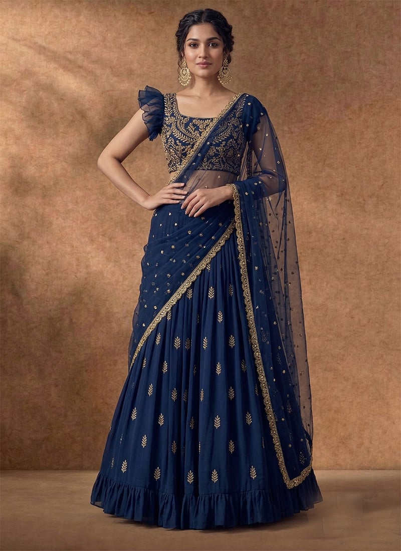 Regal Navy Blue Faux Georgette Beads Zari Hand Embroidered A Line Lehenga Wedding Wear