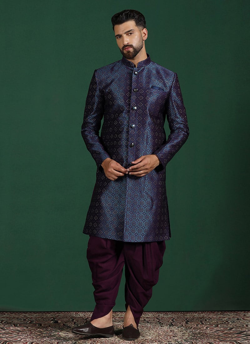 Regal Navy Blue Jacquard Embroidered Indowestern Sherwani Set Wedding Wear