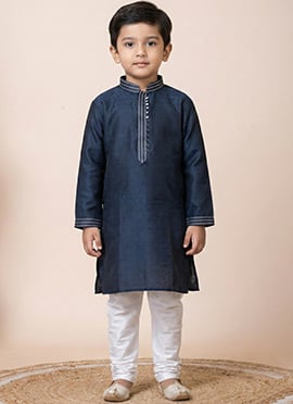 Regal Navy Blue Jacquard Silk Kids Boys Kurta Pyjama